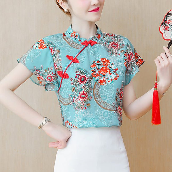 Plus Size Green Floral Cheongsam Short Sleeve Top