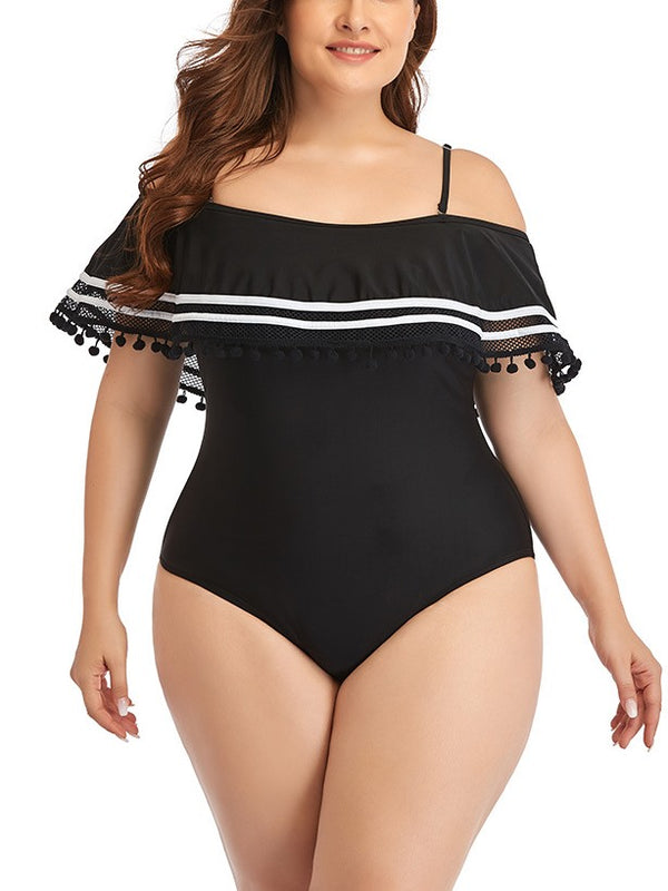 Plus Size Black Tassel Off Shoulder One Piece Swimsuit