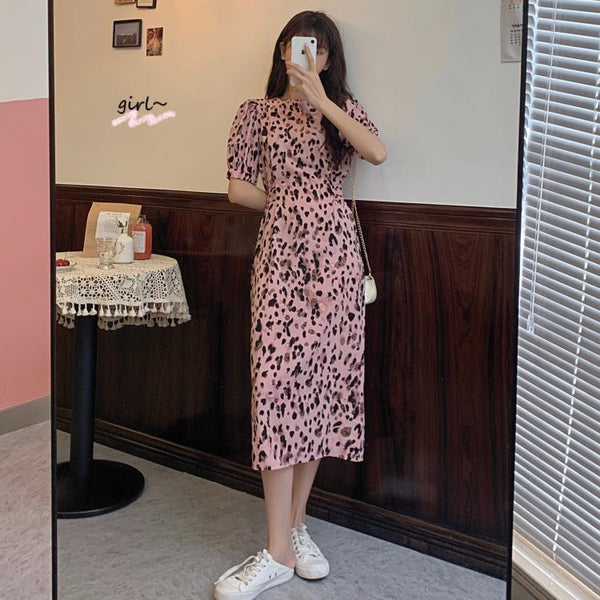 Plus size korean leopard short sleeve midi dress