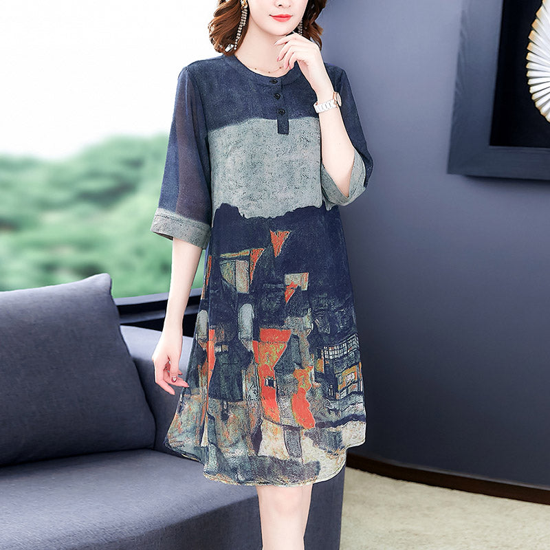 Plus Size Blue Art Print Mandarin Collar Mid Sleeve Dress
