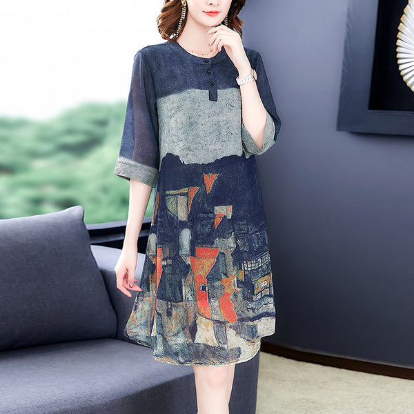 Plus Size Blue Art Print Mandarin Collar Mid Sleeve Dress