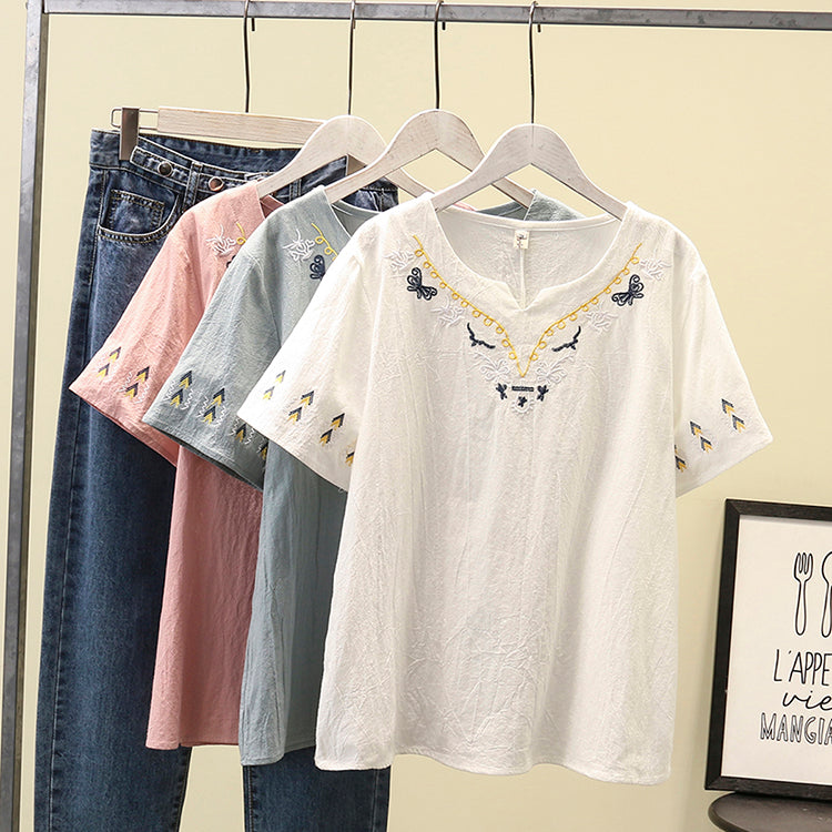 Plus Size Ethnic Embroidery V Neck Short Sleeve Blouse (Blue, Pink, White) (EXTRA BIG SIZE)