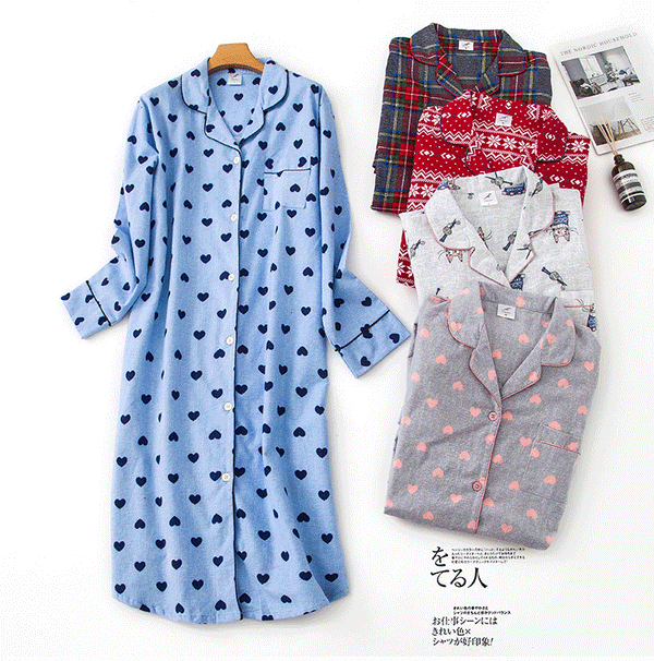 Plus Size Fleece Pyjamas Dress Collared and Printed Long Sleeve Midi Sleep Dress
