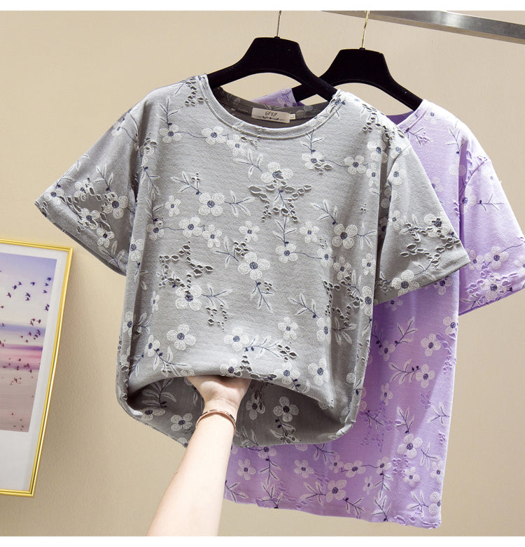 Plus Size Floral Print Stars Textured Short Sleeve T Shirt Top
