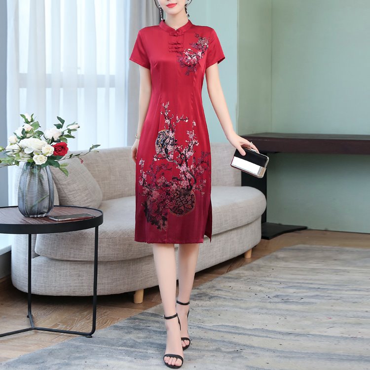 Plus Size Art Chinese Floral Red Cheongsam Short Sleeve Midi Dress