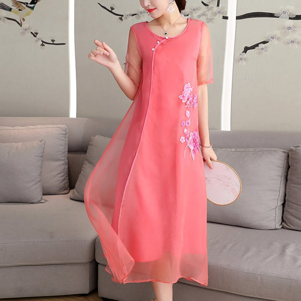 Plus Size Pink Organza Embroidery Cheongsam Short Sleeve Midi Dress