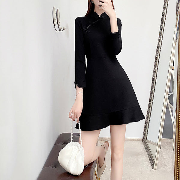 Plus Size Black Modern Mermaid Cheongsam Qipao Long Sleeve Dress