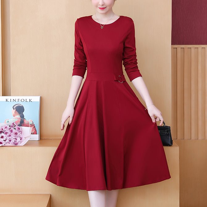 Plus Size Red Swing Long Sleeve Dress