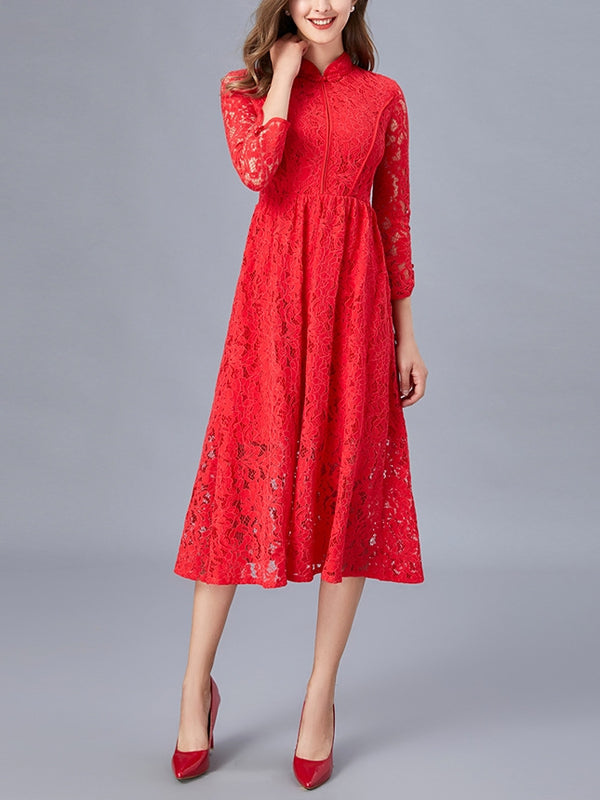 Plus Size Cheongsam Qipao Red Lace Mid Sleeve Midi Dress (Suitable For Weddings, Office, Formal Occasion And Chinese New Year)