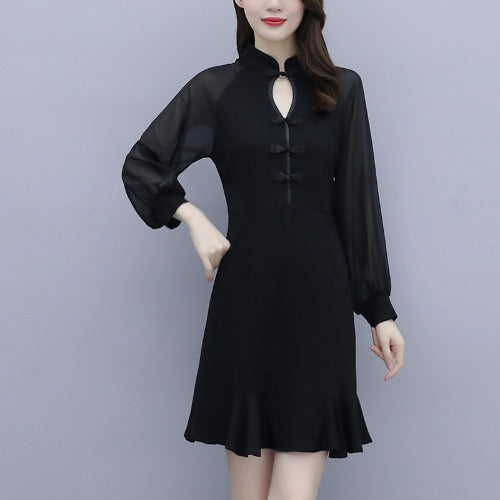 Plus Size Black Sexy Long Sleeve Cheongsam Dress