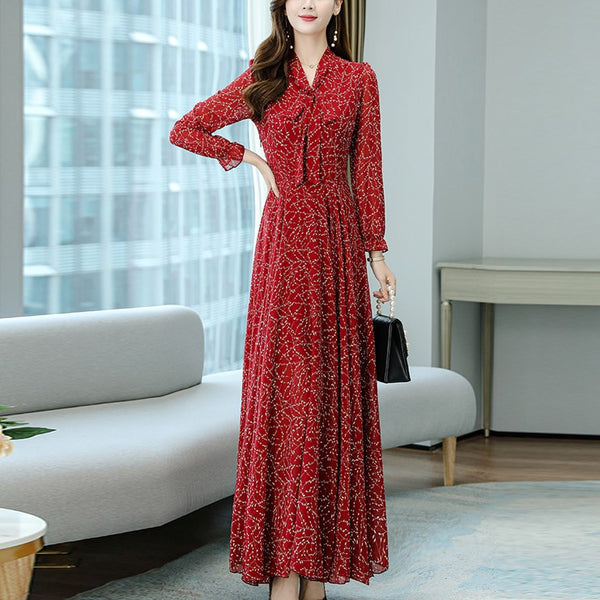 Plus Size Pussybow Floral Print Long Sleeve Maxi Dress