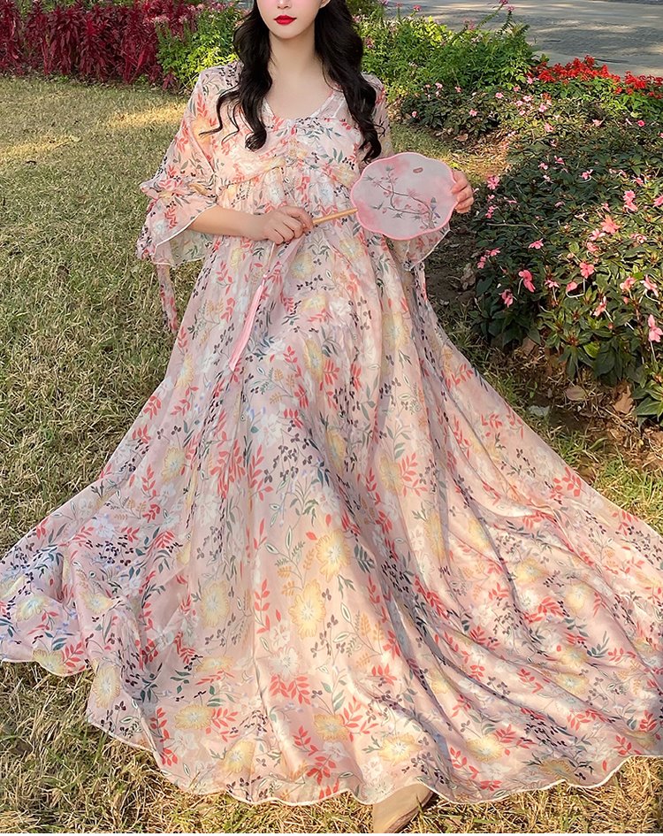Plus Size Pink Floral Chiffon Ribbon Tie Long Sleeve Midi Dress