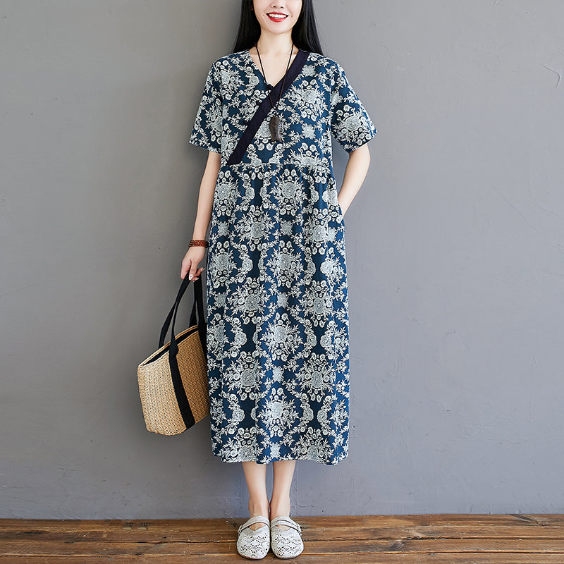 Plus Size Ethnic Blue Cheongsam Midi Dress