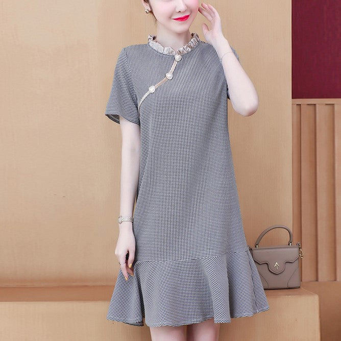 Plus Size Grey Checked Heart Pearls Cheongsam