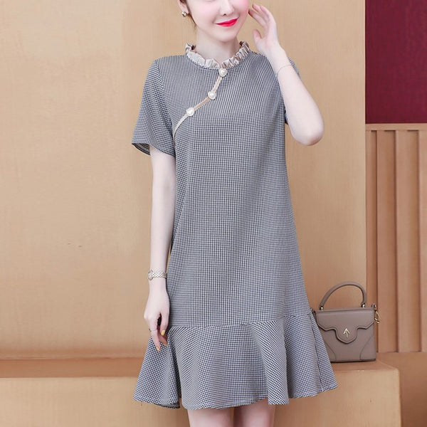 Plus Size Grey Checked Heart Pearls Cheongsam
