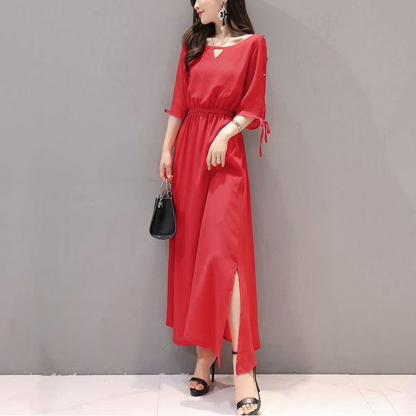 Plus Size Chiffon Swing Keyhole Mid Sleeve Midi Dress