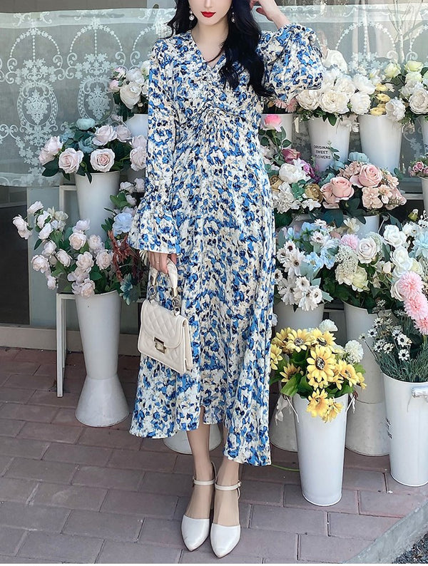 Plus Size Blue Floral Chiffon Long Sleeve Midi Dress