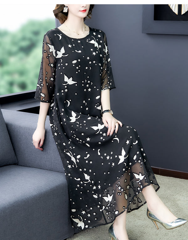 Plus Size Black Chiffon Short Sleeve Midi Dress