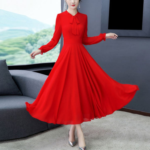 Plus size pussybow chiffon long sleeve midi dress
