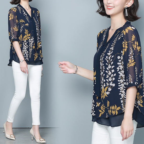 Plus Size Blue Floral Chiffon Mid Sleeve Blouse