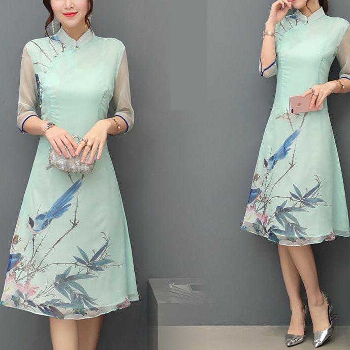 Plus Size Oriental Chiffon Mid Sleeve Cheongsam