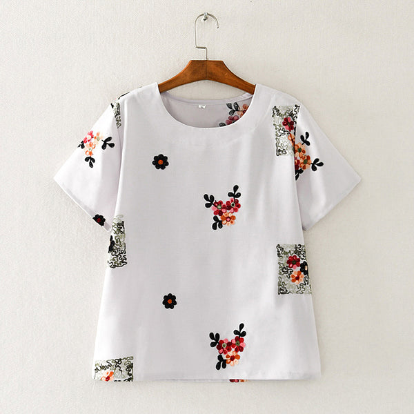 Plus Size Cotton Linen Embroidery Short Sleeve Blouse