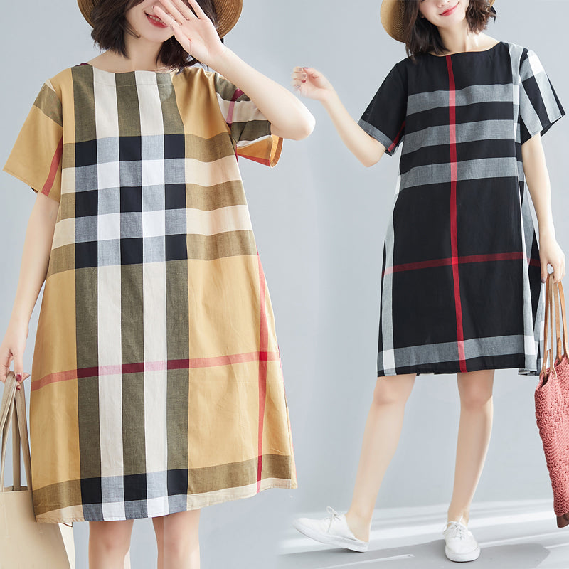 Plus Size Checks Shift Short Sleeve Dress