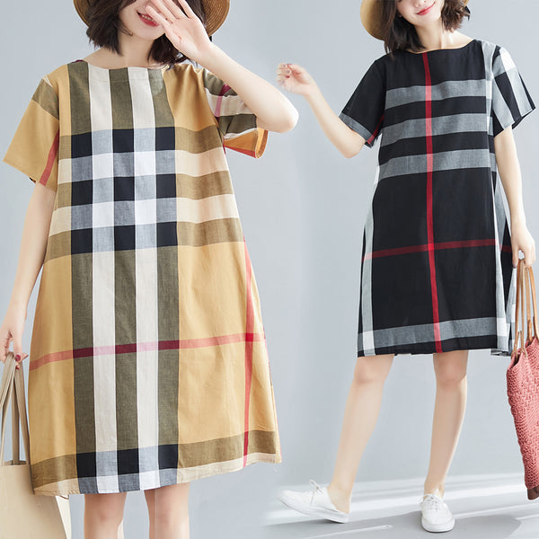 Plus Size Checks Shift Short Sleeve Dress