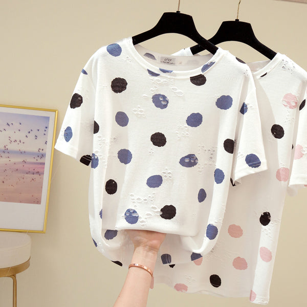 Plus Size Distressed Polka Dots Short Sleeve T Shirt Top