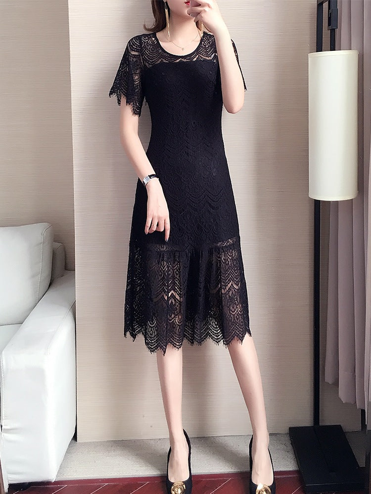 Plus Size Lace Short Sleeve Midi  Dress