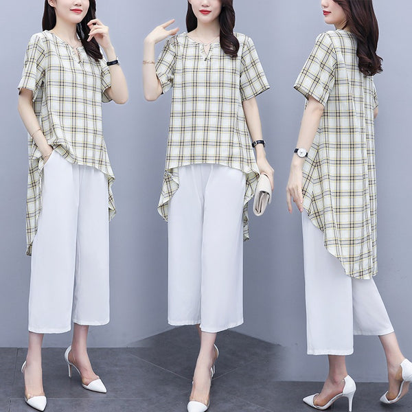 Plus Size Checked V Neck Longer Back Short Sleeve Top And White Culottes Pants Set