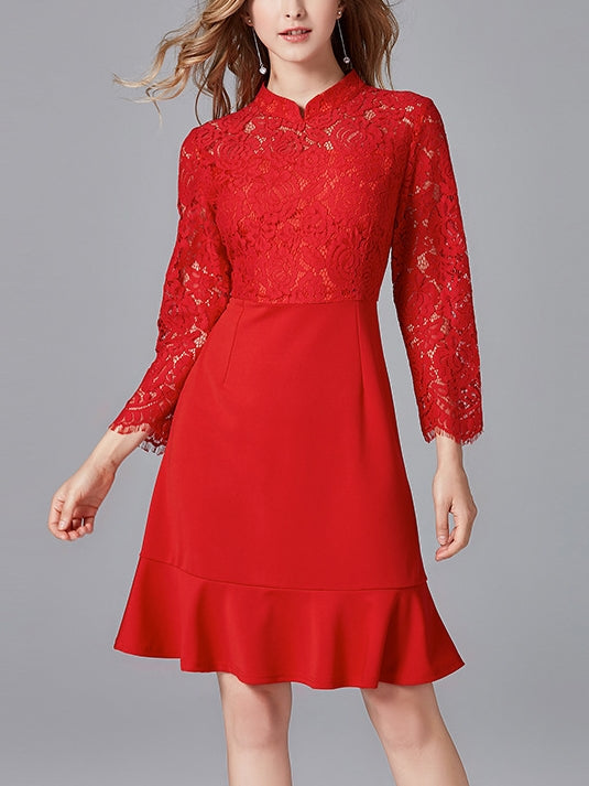 Plus Size Cheongsam Qipao Red Lace Block Mermaid Hem Long Sleeve Dress