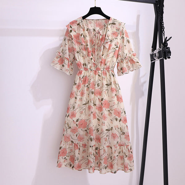 Plus Size Floral Frill Collar Short Sleeve Midi Dress