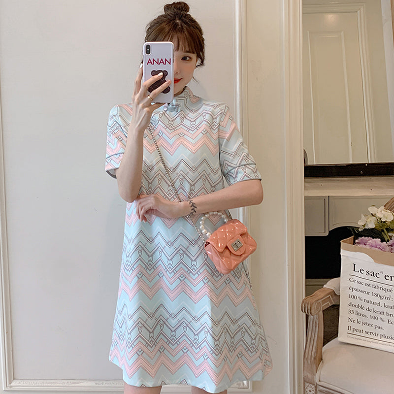 Plus size blue modern cheongsam short sleeve dress