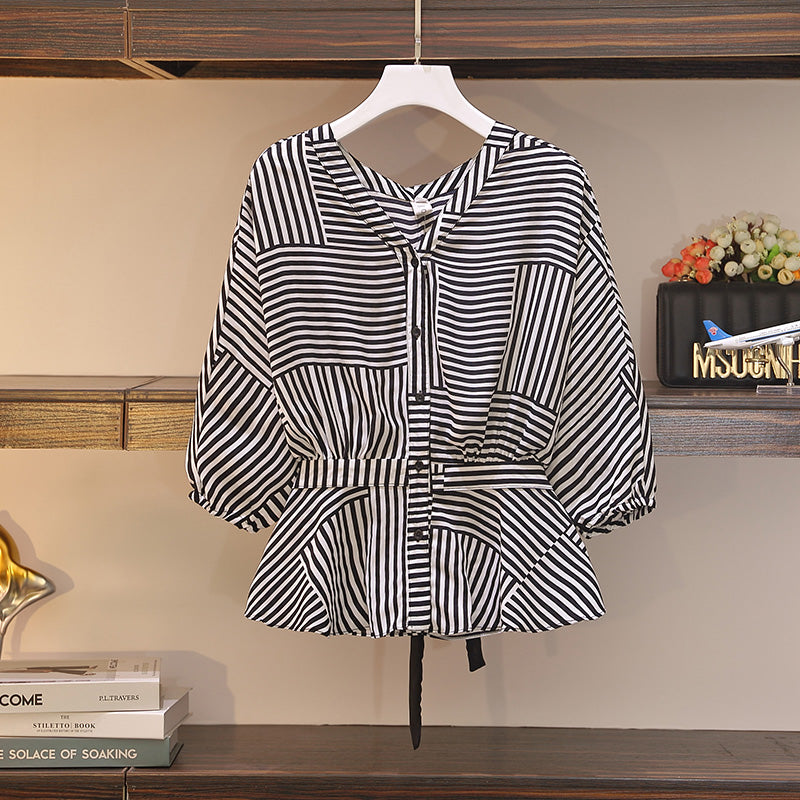 Plus Size Stripe Mid Sleeve Shirt Blouse