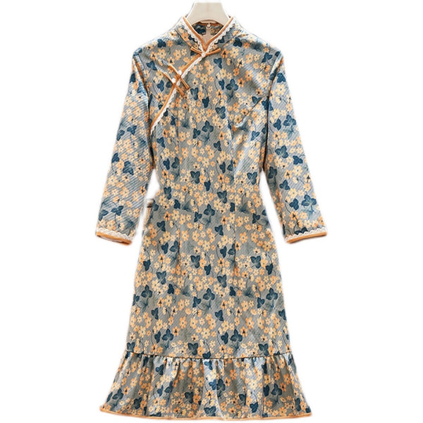 Plus Size Mermaid Cute Print Cheongsam Long Sleeve Dress