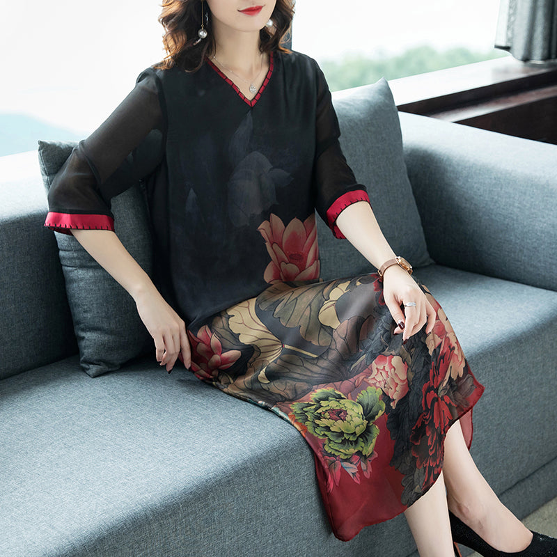 Plus Size Oriental Chiffon Short Sleeve Midi Dress