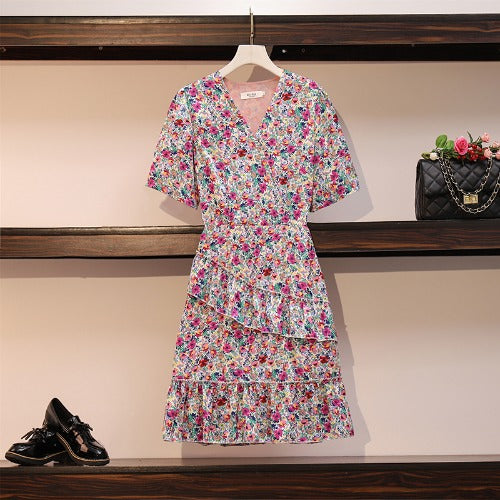 Plus Size Vintage Floral Tier Short Sleeve Dress