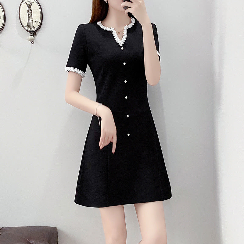 Plus Size Buttons Lace V Neck Short Sleeve Dress