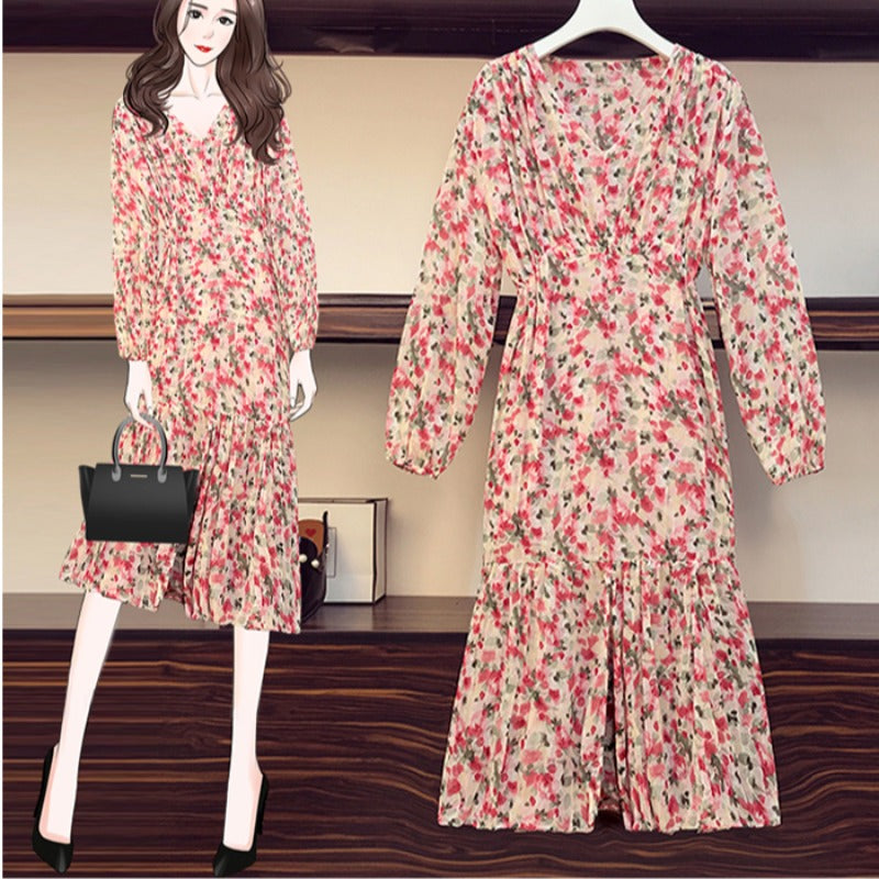 Plus Size Red And Pink Floral Mermaid Long Sleeve Midi Dress