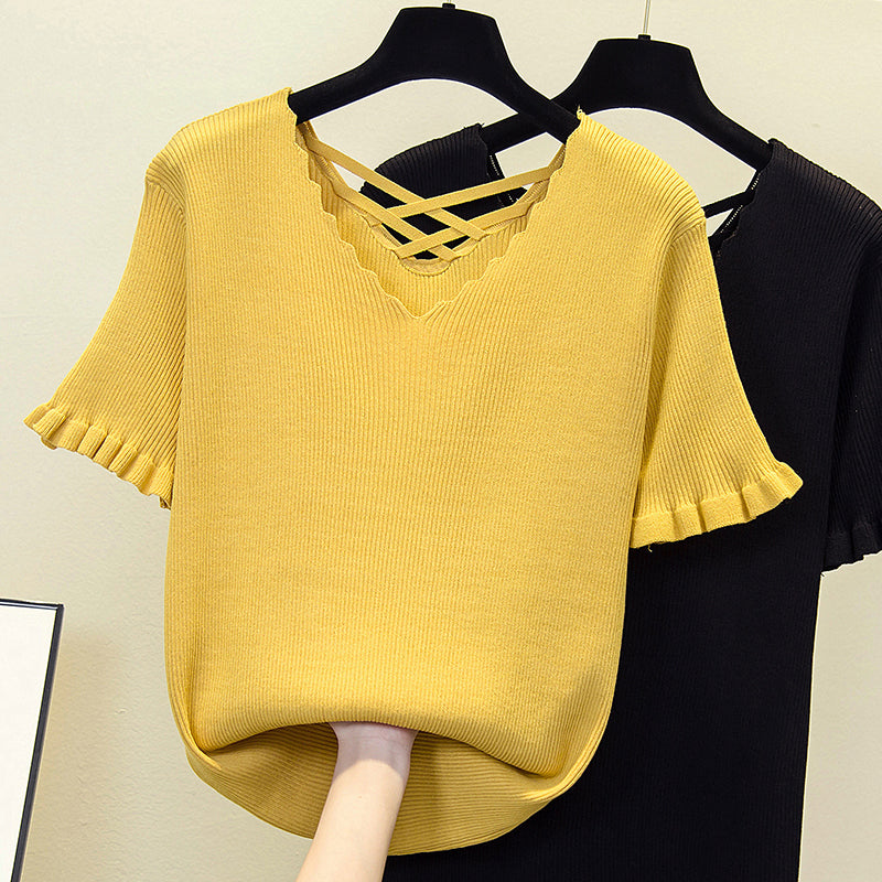 (Ready Stock Yellow 3XL *1) Plus Size Criss Cross Knit Short Sleeve Top