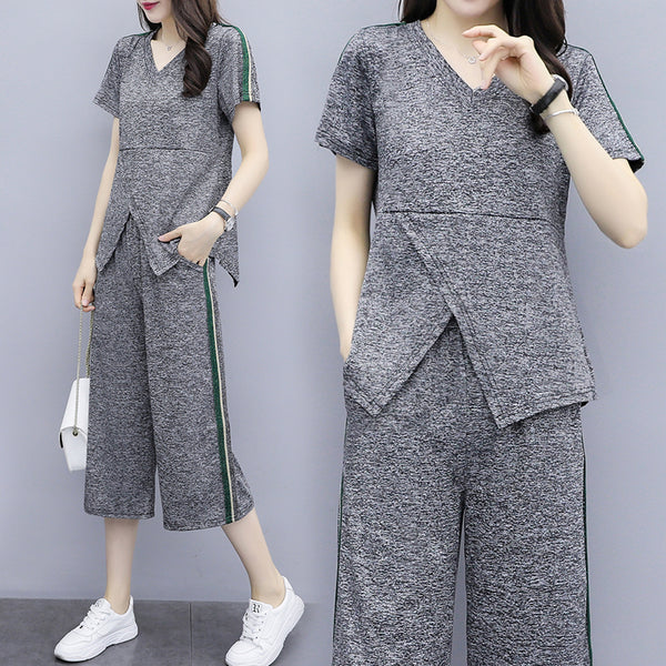 Plus Size Grey Short Sleeve T Shirt Top And Culottes Pants Set