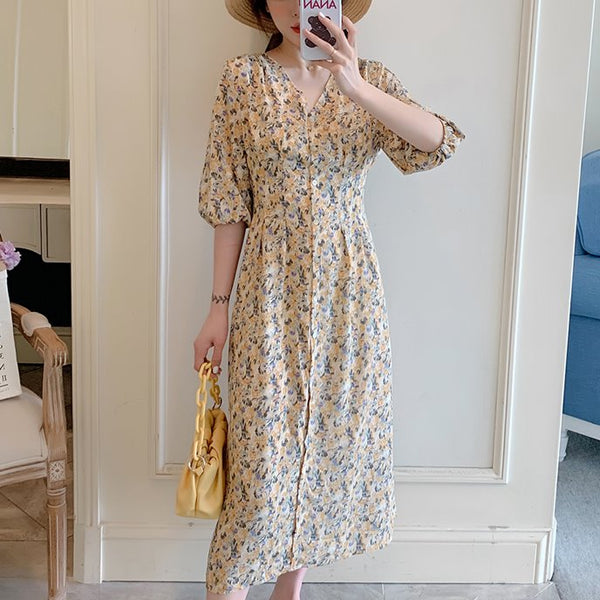 Plus Size Yellow Floral V Neck Chiffon Short Sleeve Midi Dress