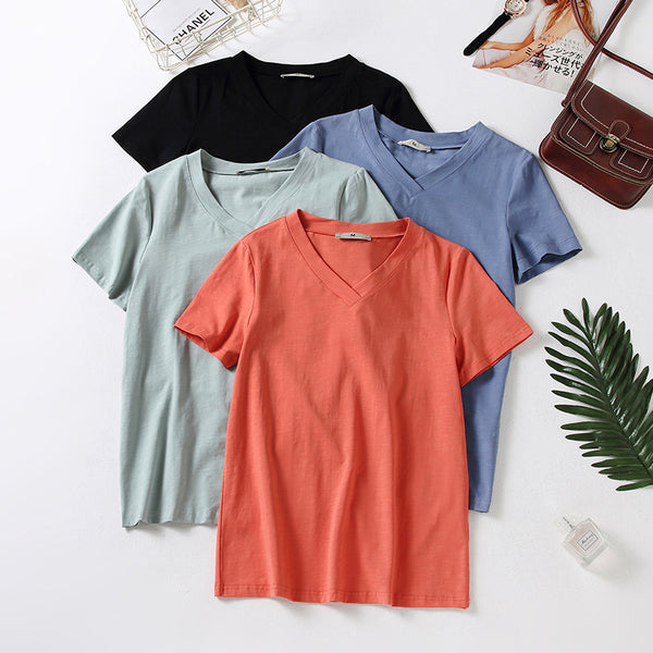 Plus Size 100% Cotton V Neck T Shirt