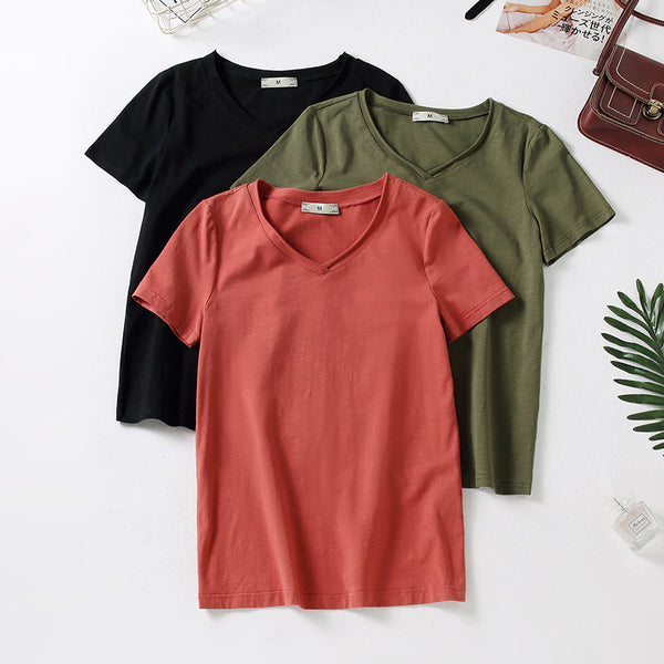 Plus Size 100% Cotton V Neck T Shirt