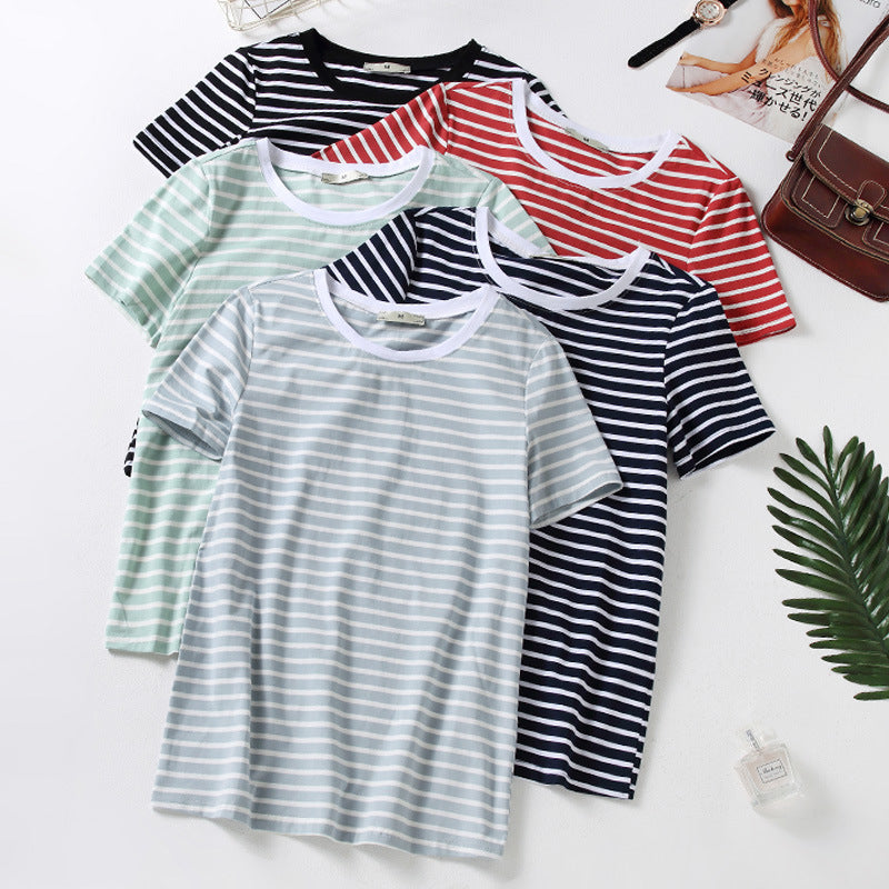 Plus Size 100% Cotton Stripe Round Neck T Shirt