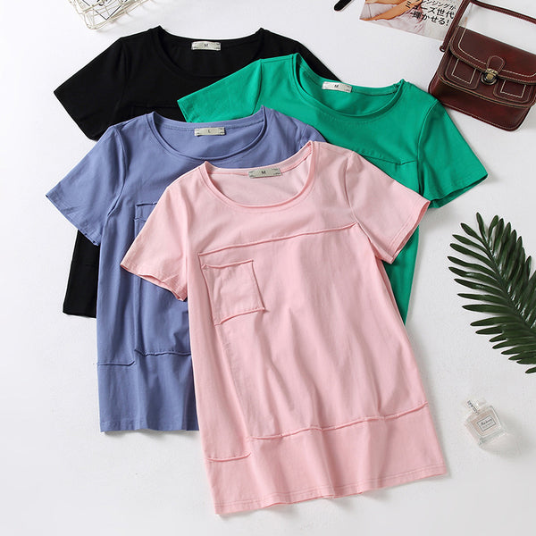 Plus Size 100% Cotton Pocket Layer T Shirt