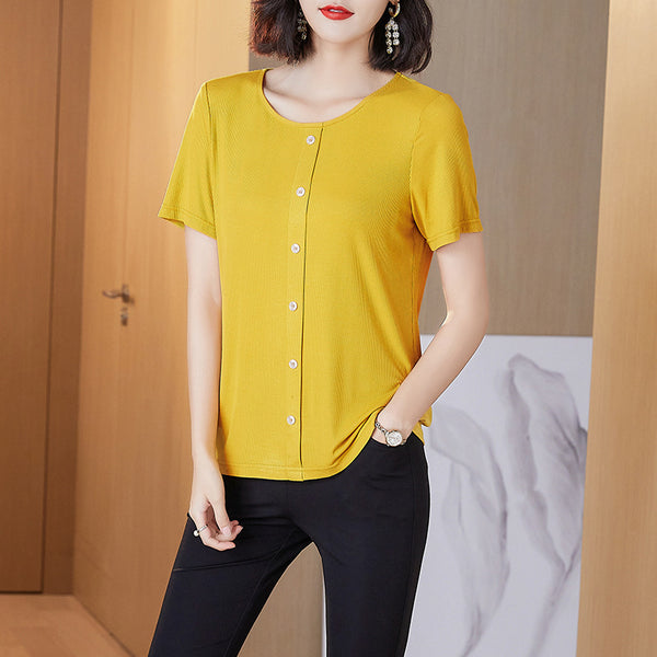 Plus Size Ribbed Knit Buttons Round Neck T Shirt