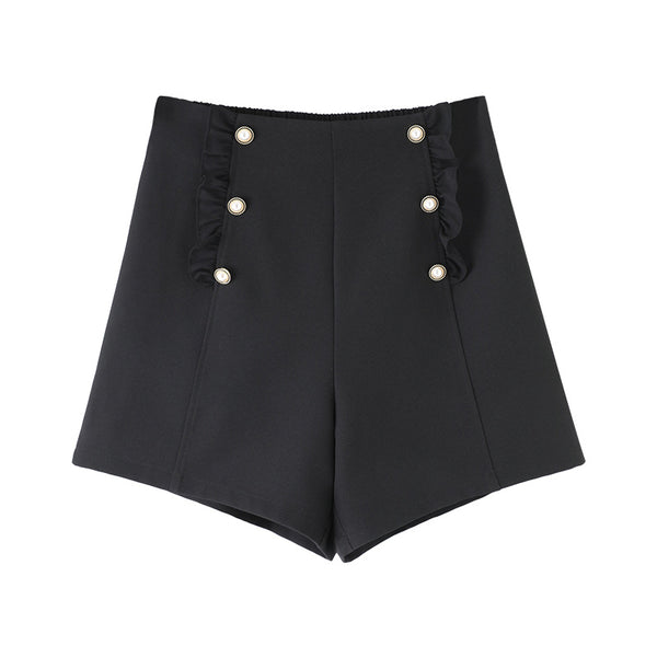 Plus Size Buttons Frill Highwaist Shorts