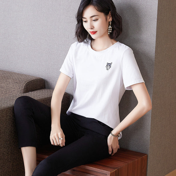 Plus Size 100% Cotton Cat Embroidery T Shirt